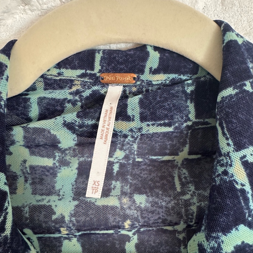 Free People Ruched Button Front Mesh Top Blue Green Print XS - Picture 2 of 5